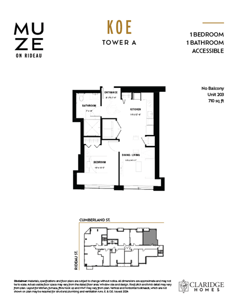 Floor plan for 1 bed, 1 bath, 710 sqft